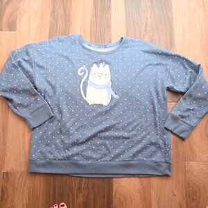 LC Lauren Conrad Crew Neck Soft Blue Polka Dot Cat Sweater XXL